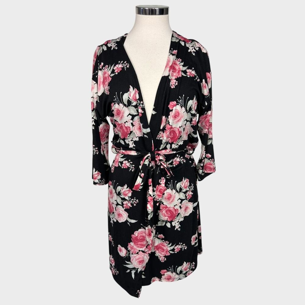Flora by Flora Nikrooz Medium Black Pink Floral Belted Robe